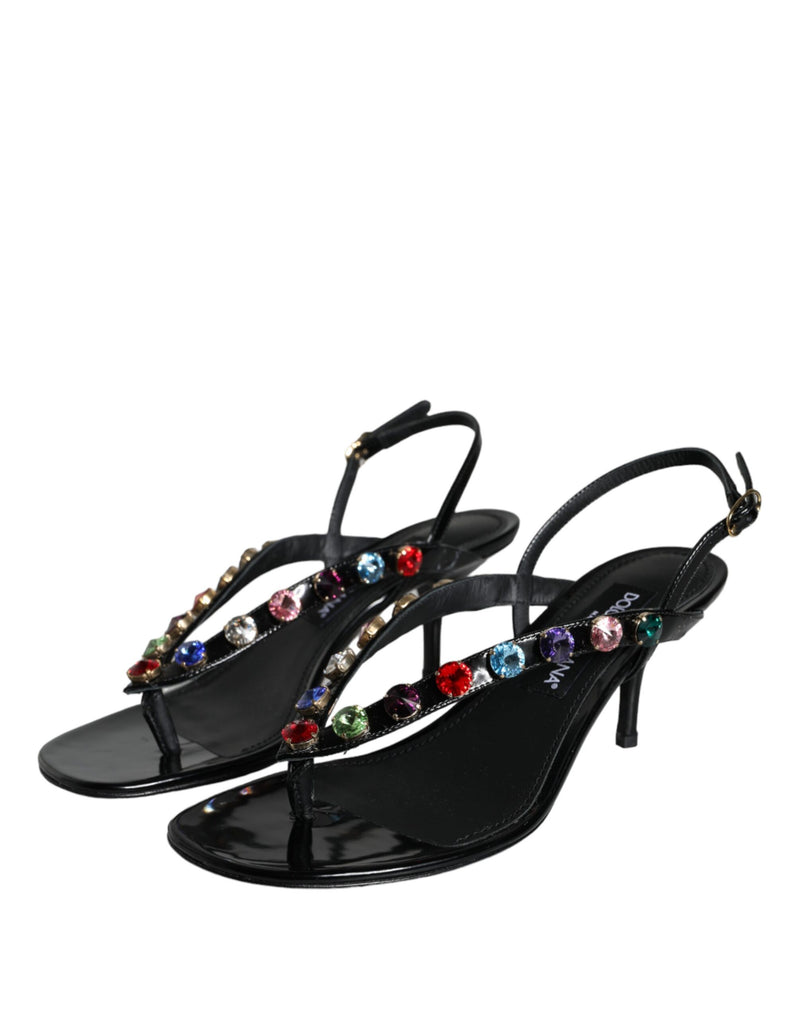 Black Leather Crystal Slingback Sandals Shoes Dolce & Gabbana