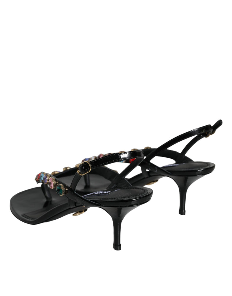 Black Leather Crystal Slingback Sandals Shoes Dolce & Gabbana