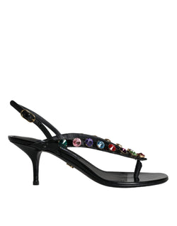 Black Leather Crystal Slingback Sandals Shoes Dolce & Gabbana