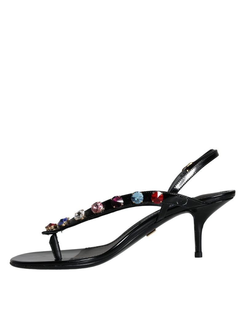 Black Leather Crystal Slingback Sandals Shoes Dolce & Gabbana