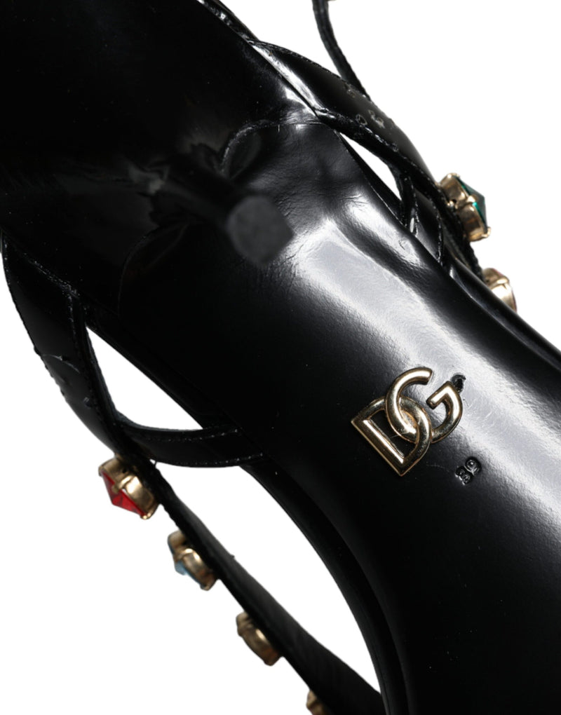 Black Leather Crystal Slingback Sandals Shoes Dolce & Gabbana