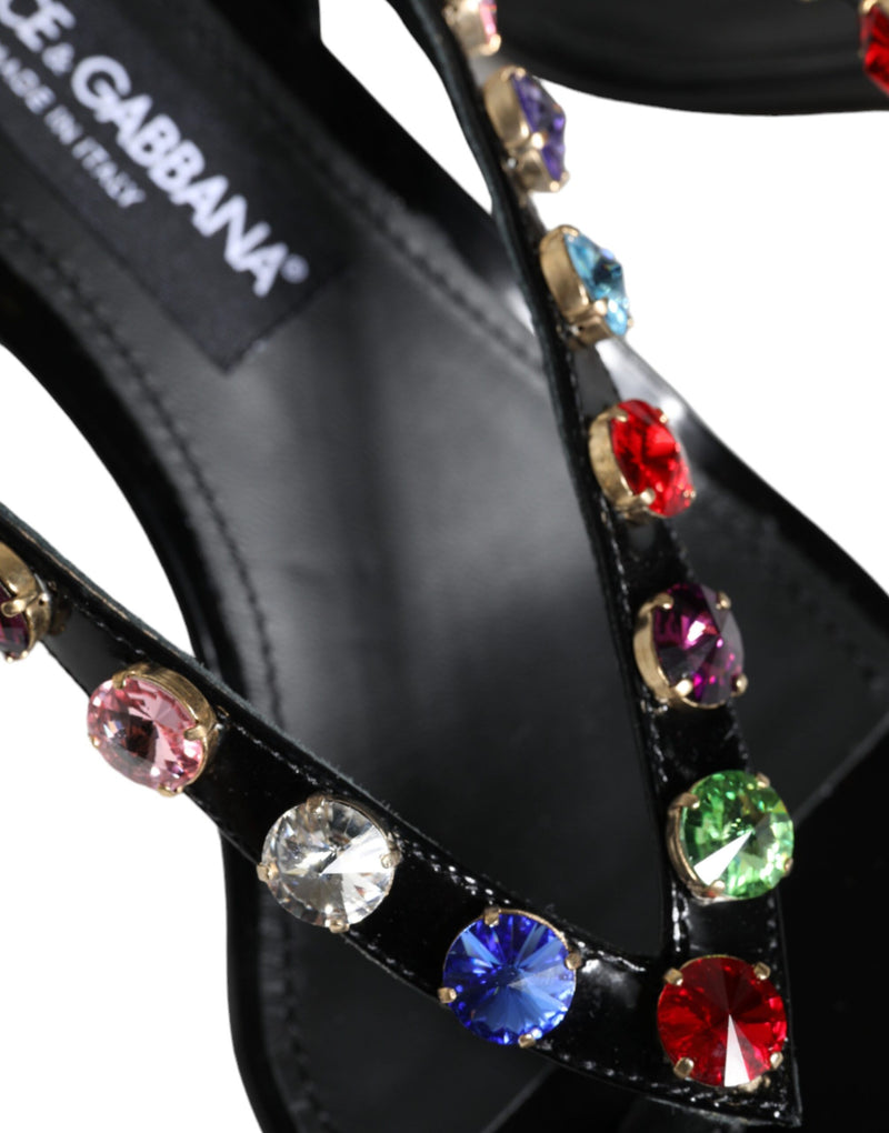 Black Leather Crystal Slingback Sandals Shoes Dolce & Gabbana