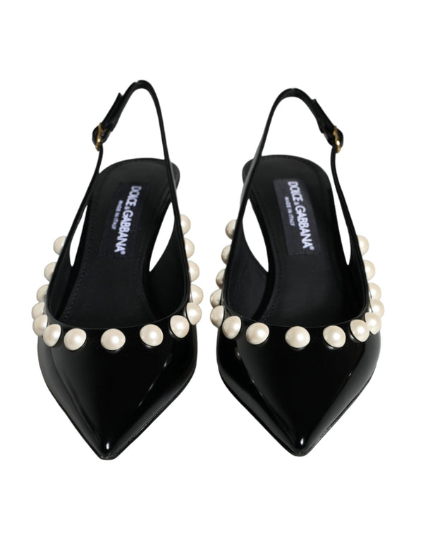 Black Leather Faux Pearl Heel Slingback Shoes Dolce & Gabbana