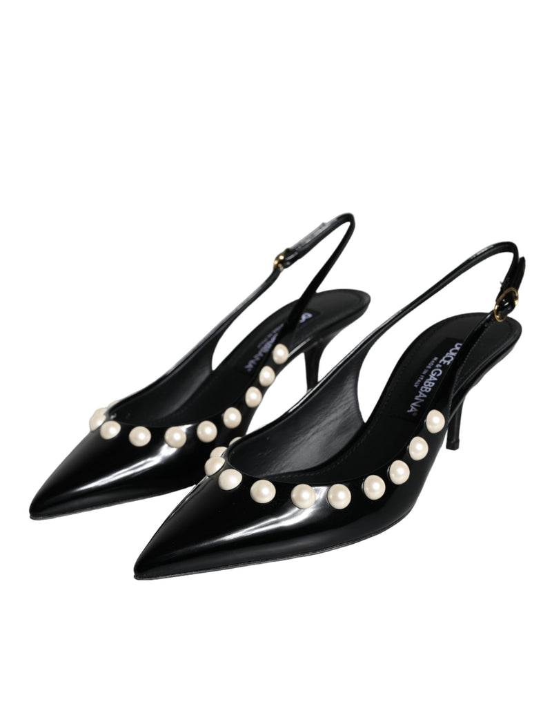 Black Leather Faux Pearl Heel Slingback Shoes Dolce & Gabbana