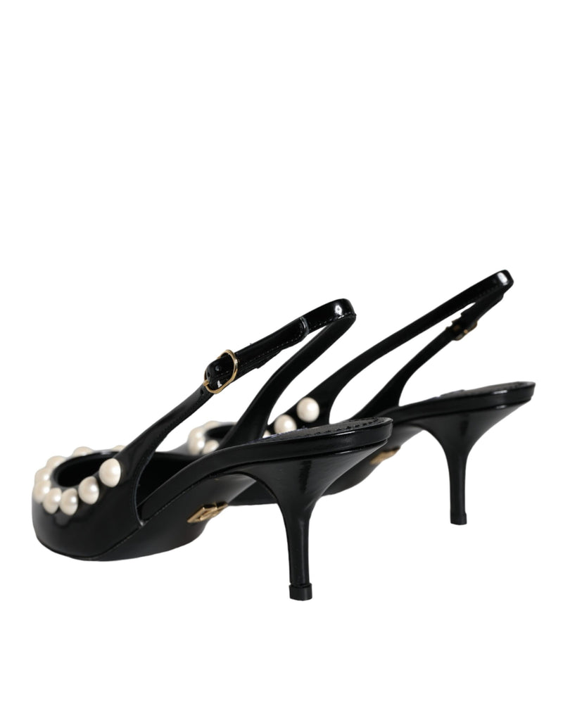 Black Leather Faux Pearl Heel Slingback Shoes Dolce & Gabbana