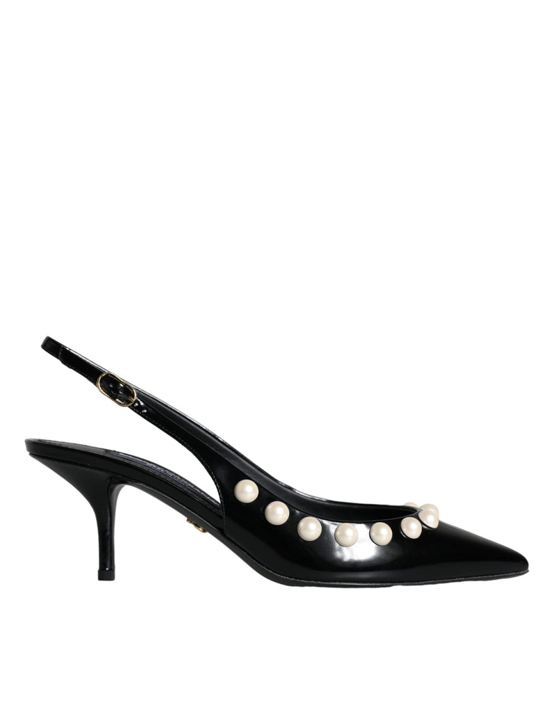 Black Leather Faux Pearl Heel Slingback Shoes Dolce & Gabbana