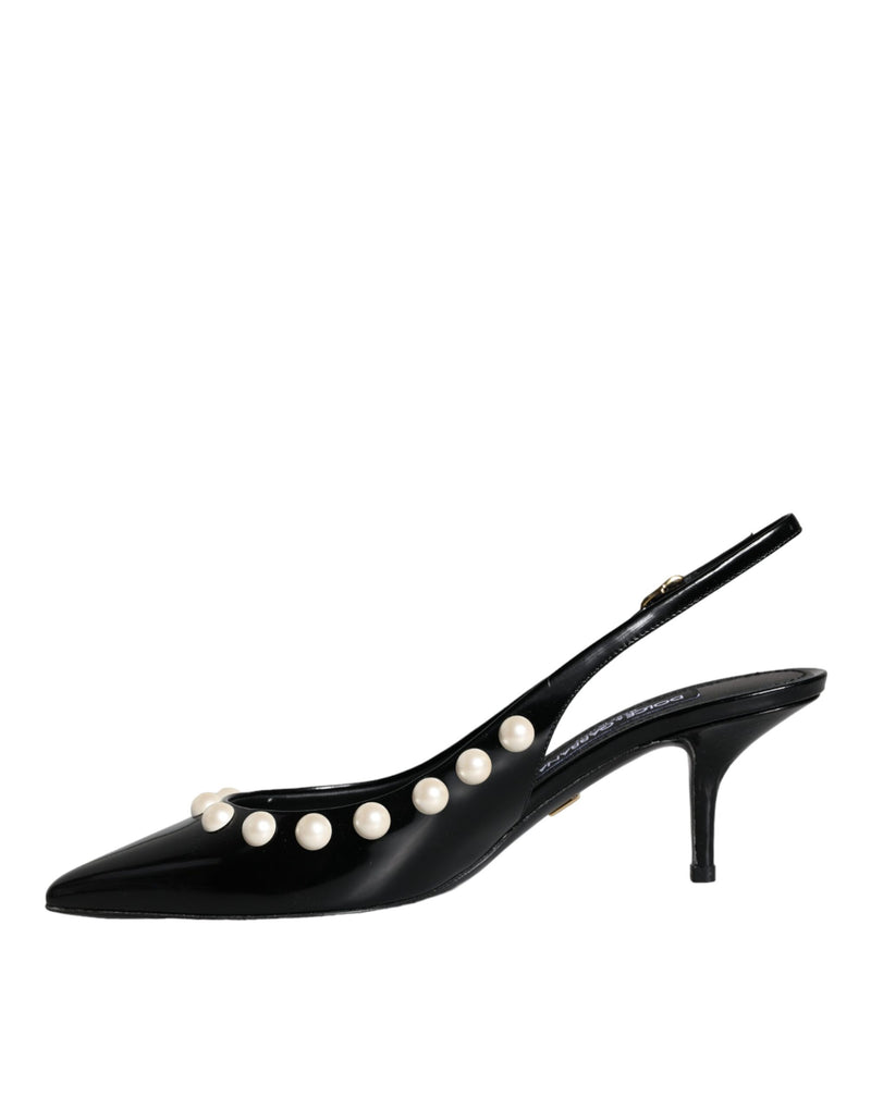 Black Leather Faux Pearl Heel Slingback Shoes Dolce & Gabbana