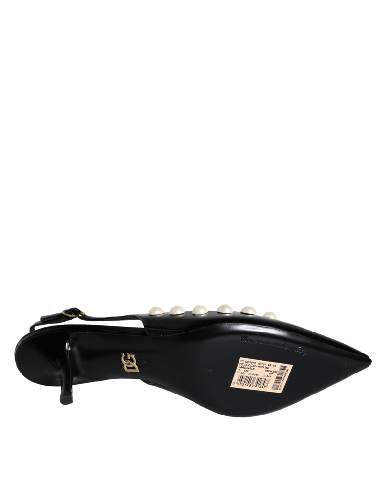 Black Leather Faux Pearl Heel Slingback Shoes Dolce & Gabbana