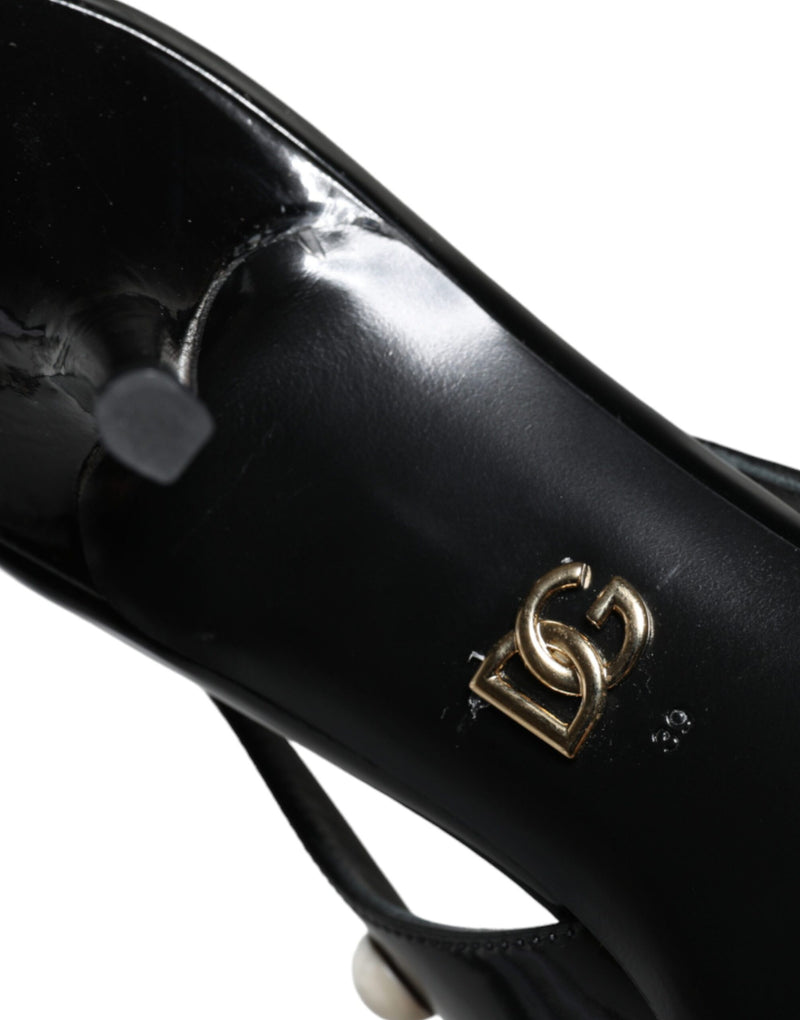 Black Leather Faux Pearl Heel Slingback Shoes Dolce & Gabbana