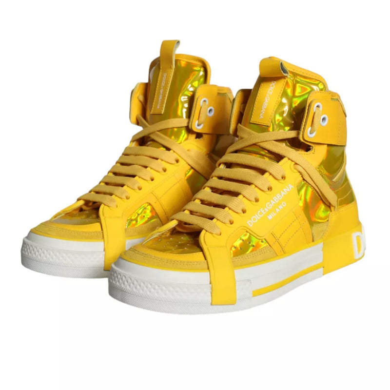 Yellow White Leather High Top Sneakers Shoes Dolce & Gabbana