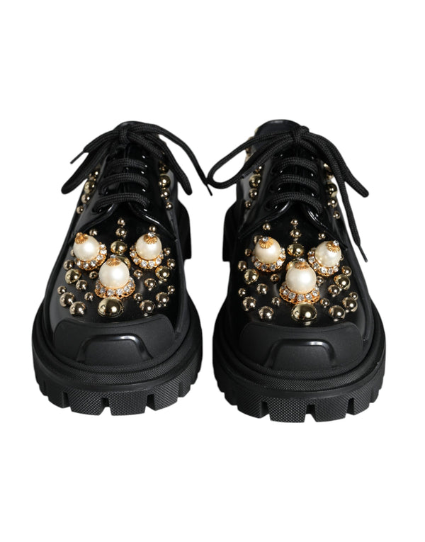 Black Leather Trekking Derby Embellished Shoes Dolce & Gabbana