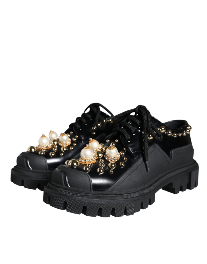 Black Leather Trekking Derby Embellished Shoes Dolce & Gabbana