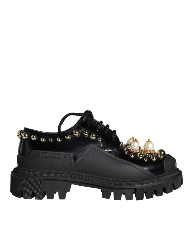 Black Leather Trekking Derby Embellished Shoes Dolce & Gabbana