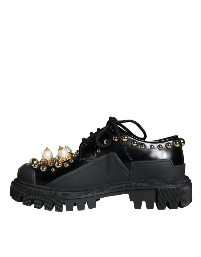 Black Leather Trekking Derby Embellished Shoes Dolce & Gabbana