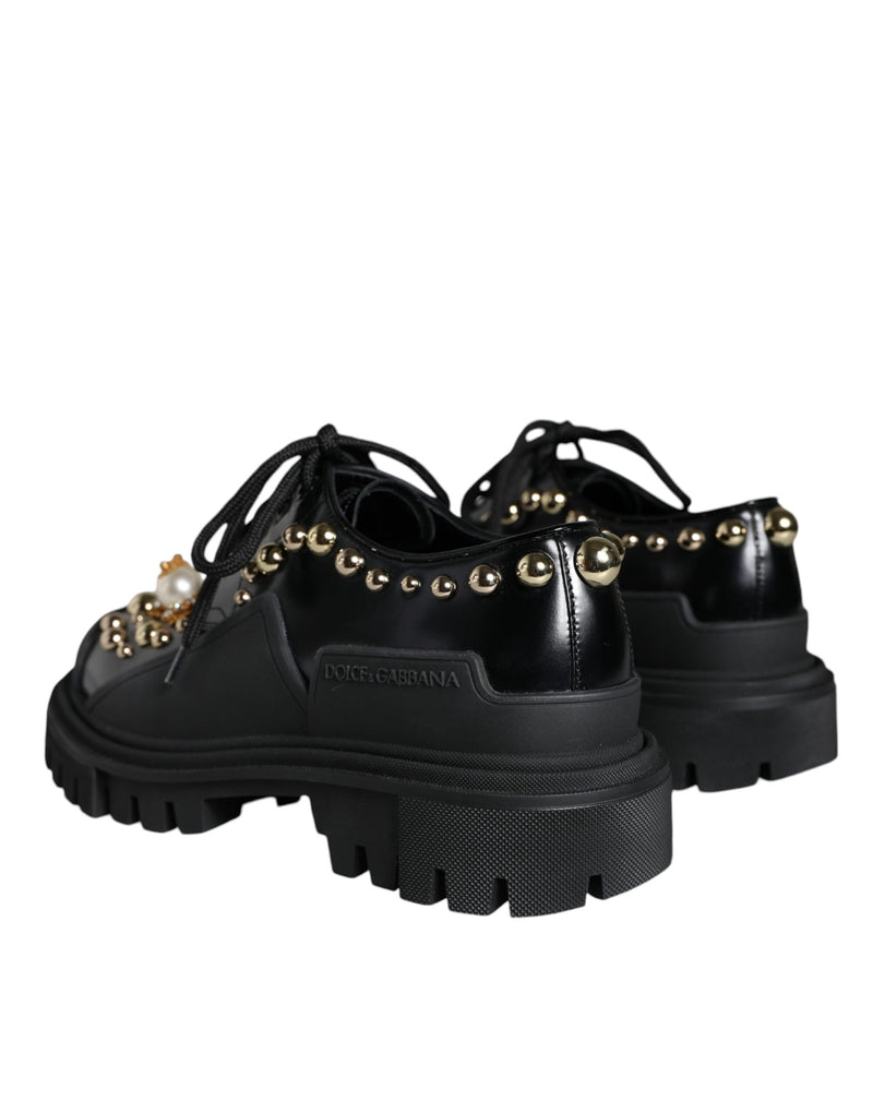 Black Leather Trekking Derby Embellished Shoes Dolce & Gabbana