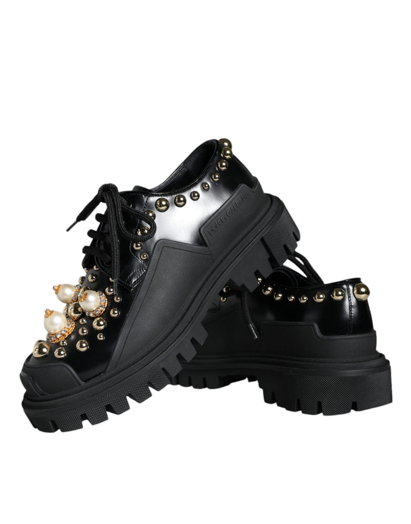 Black Leather Trekking Derby Embellished Shoes Dolce & Gabbana