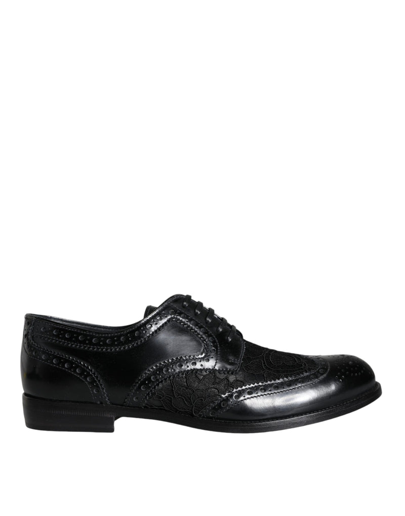 Black Leather Floral Lace Dress Formal Shoes Dolce & Gabbana