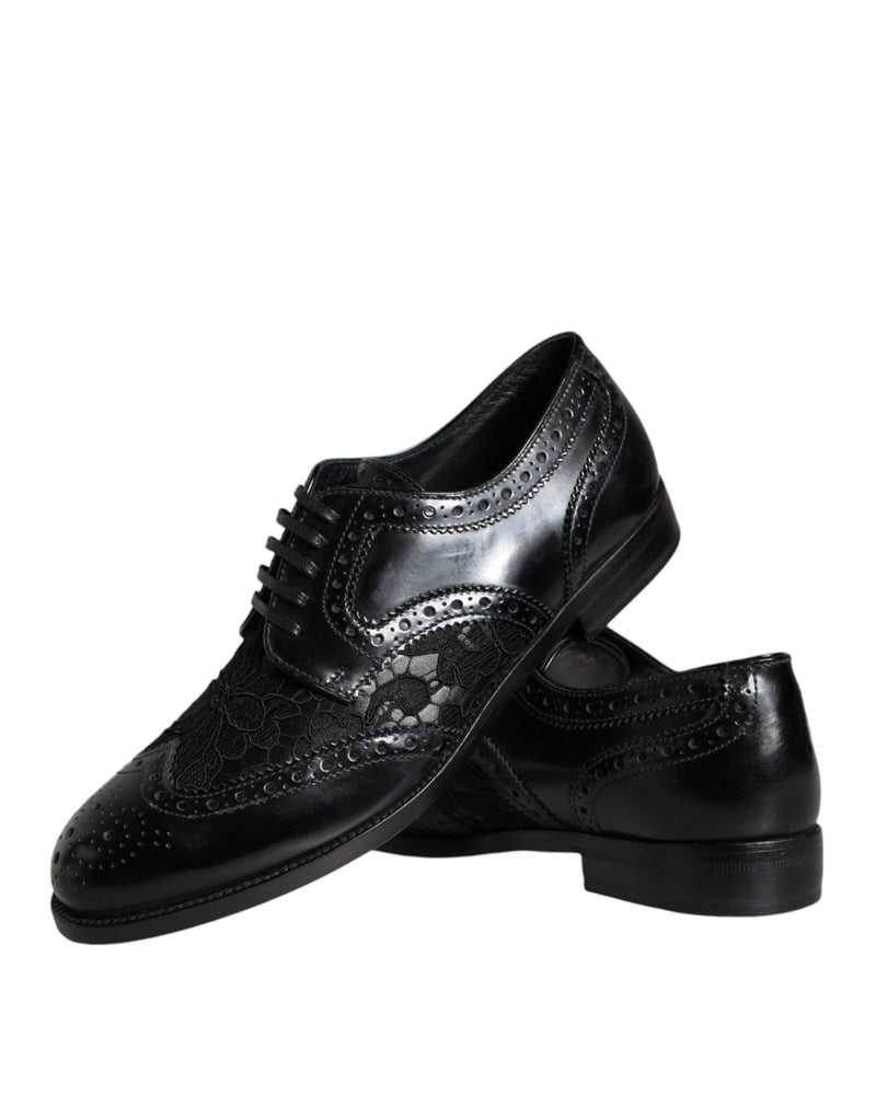 Black Leather Floral Lace Dress Formal Shoes Dolce & Gabbana