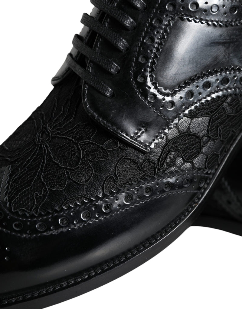 Black Leather Floral Lace Dress Formal Shoes Dolce & Gabbana