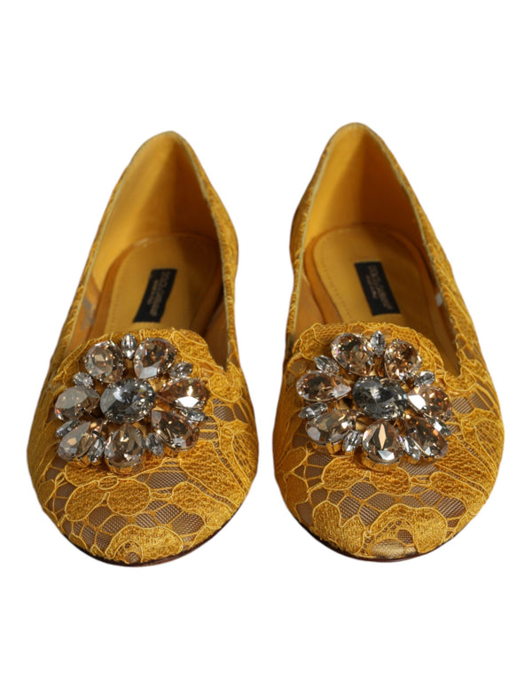 Mustard Lace Crystal Ballet Flats Loafer Shoes Dolce & Gabbana