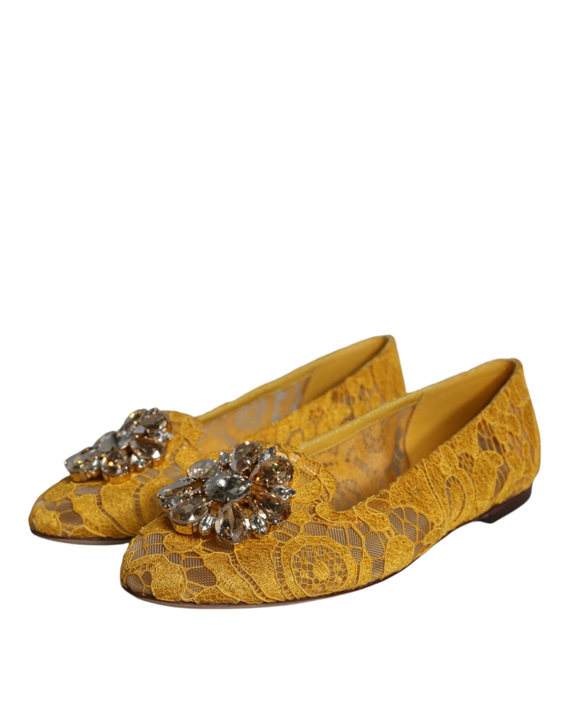 Mustard Lace Crystal Ballet Flats Loafer Shoes Dolce & Gabbana