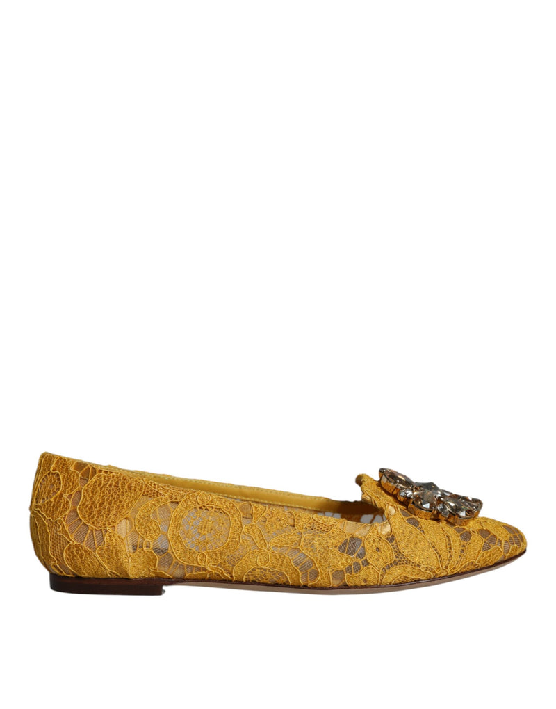 Mustard Lace Crystal Ballet Flats Loafer Shoes Dolce & Gabbana