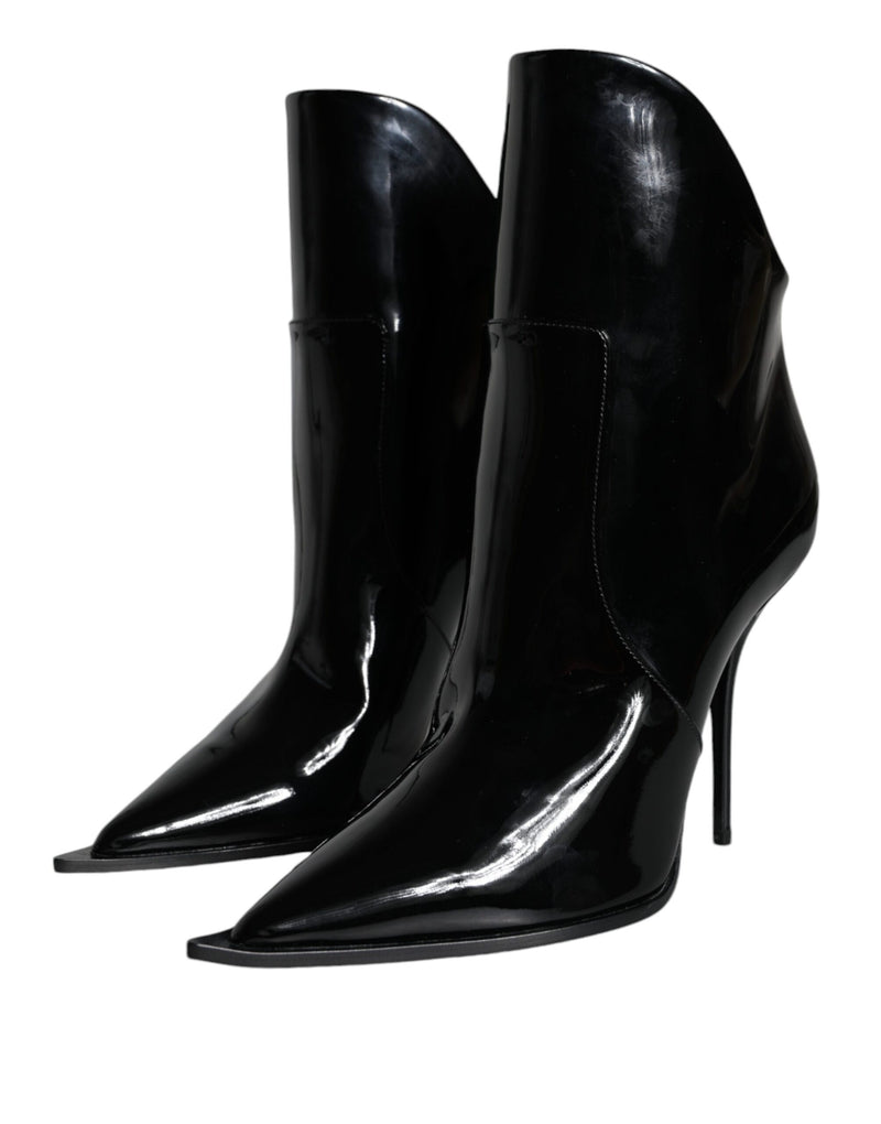 Black Patent Leather Pointed Ankle Boots Shoes Dolce & Gabbana