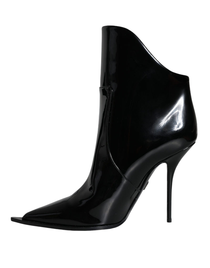 Black Patent Leather Pointed Ankle Boots Shoes Dolce & Gabbana