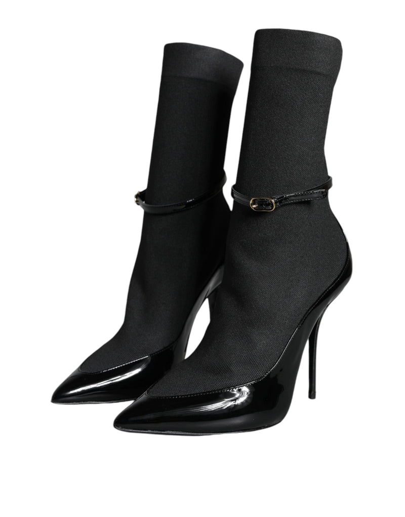 Black Leather Stilettos Booties Socks Shoes Dolce & Gabbana