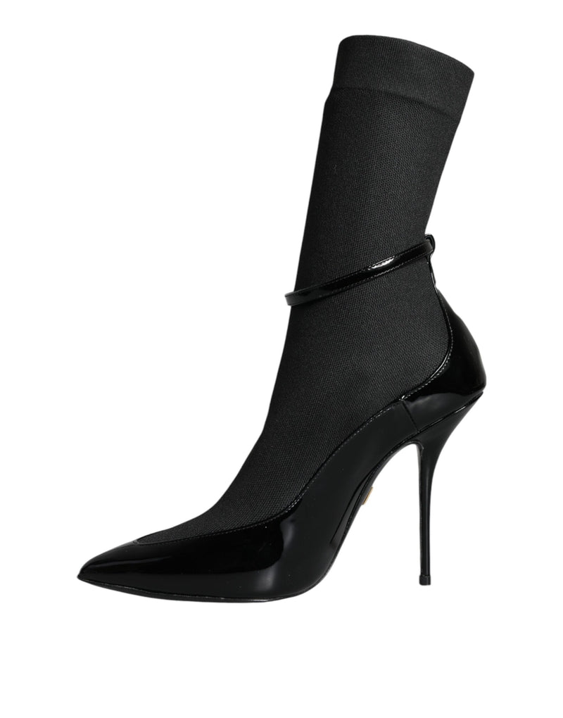 Black Leather Stilettos Booties Socks Shoes Dolce & Gabbana