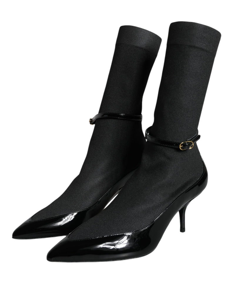 Black Leather Stilettos Booties Socks Shoes Dolce & Gabbana