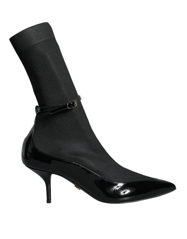 Black Leather Stilettos Booties Socks Shoes Dolce & Gabbana