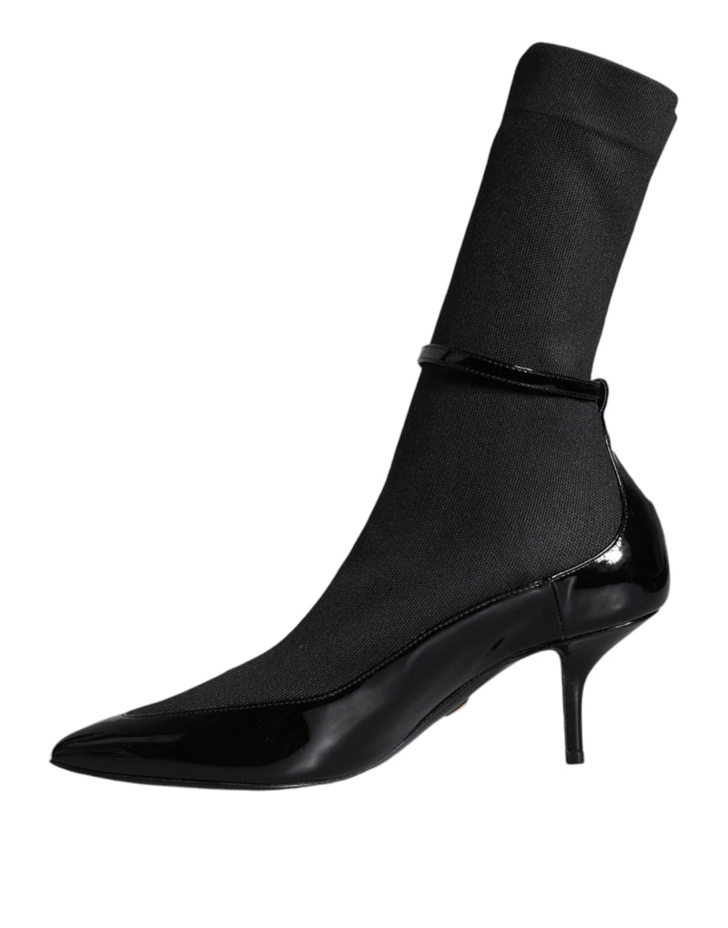 Black Leather Stilettos Booties Socks Shoes Dolce & Gabbana