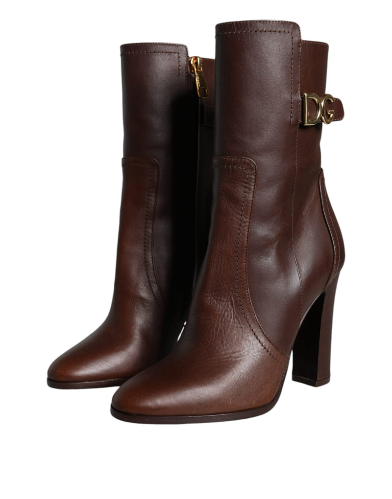 Brown Leather Heels Mid Calf Boots Shoes Dolce & Gabbana