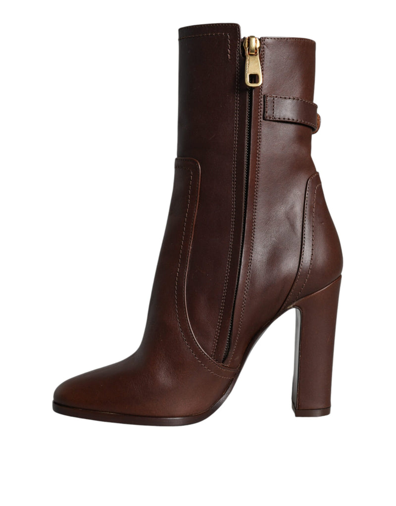 Brown Leather Heels Mid Calf Boots Shoes Dolce & Gabbana