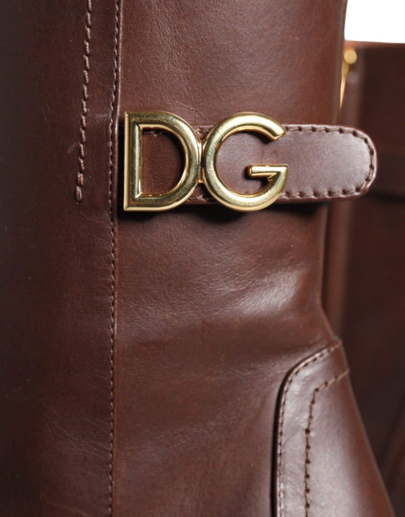 Brown Leather Heels Mid Calf Boots Shoes Dolce & Gabbana