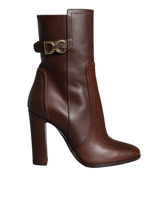 Brown Leather Heels Mid Calf Boots Shoes Dolce & Gabbana