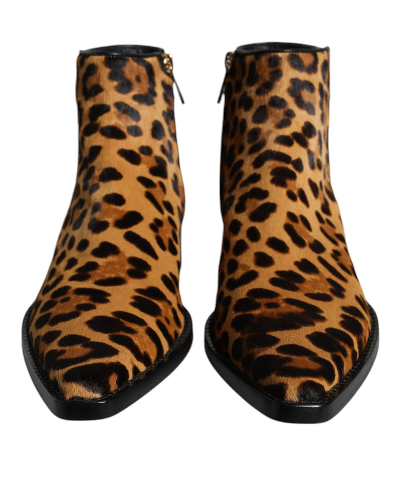 Brown Leopard Calf Fur Ankle Boots Shoes Dolce & Gabbana