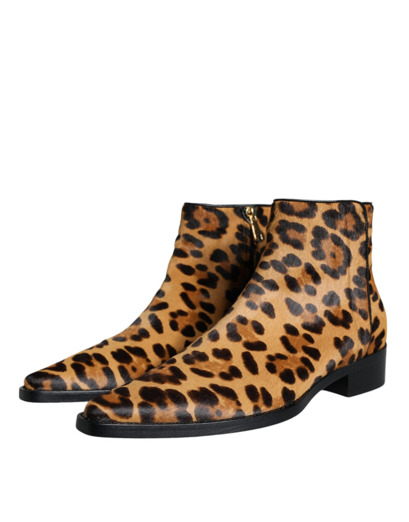 Brown Leopard Calf Fur Ankle Boots Shoes Dolce & Gabbana