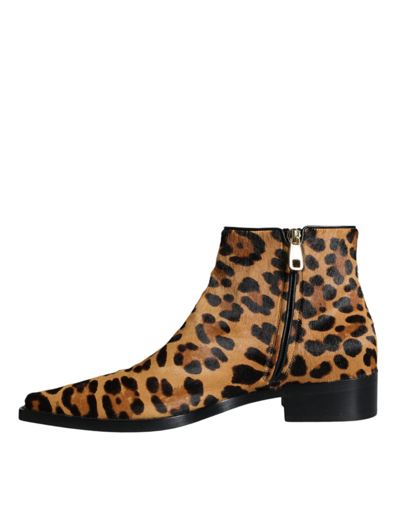 Brown Leopard Calf Fur Ankle Boots Shoes Dolce & Gabbana