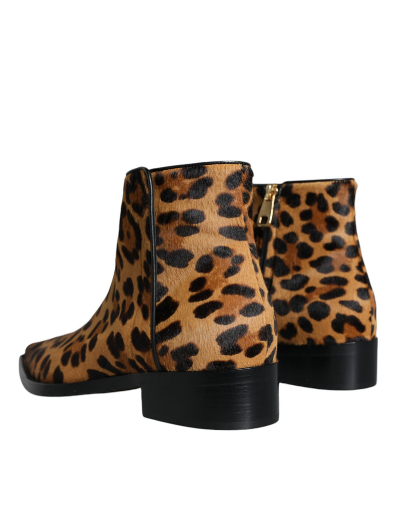 Brown Leopard Calf Fur Ankle Boots Shoes Dolce & Gabbana