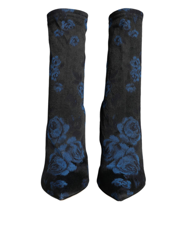 Black Floral Stretch Mid Calf Boots Shoes Dolce & Gabbana