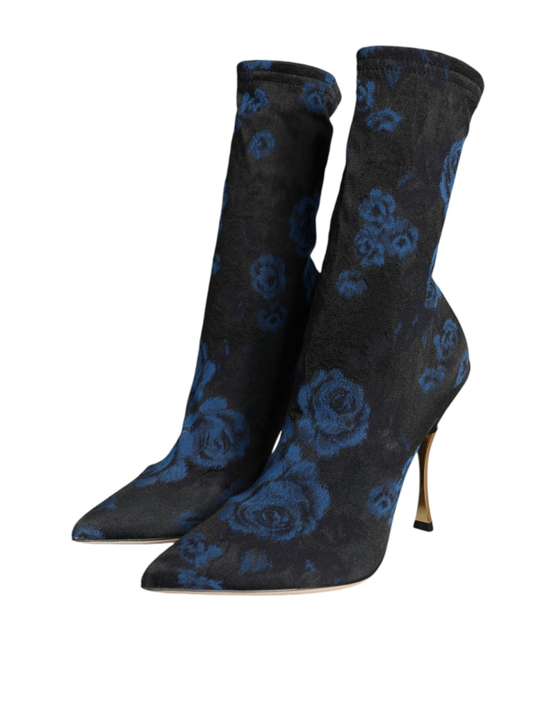 Black Floral Stretch Mid Calf Boots Shoes Dolce & Gabbana