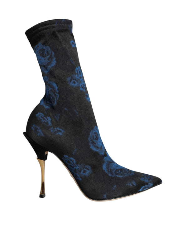 Black Floral Stretch Mid Calf Boots Shoes Dolce & Gabbana