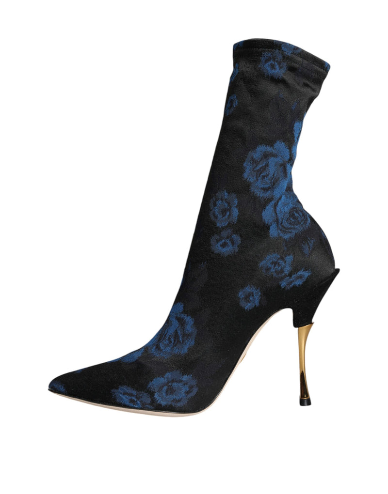 Black Floral Stretch Mid Calf Boots Shoes Dolce & Gabbana