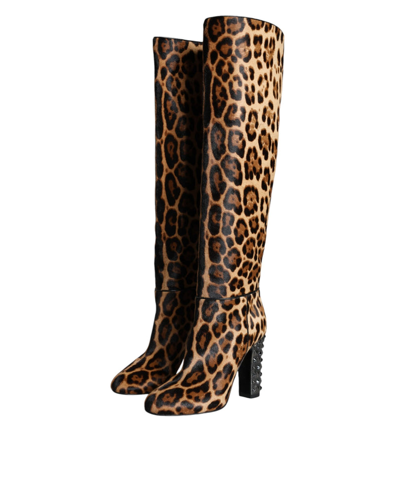 Beige Black Leopard Knee High Boots Shoes Dolce & Gabbana