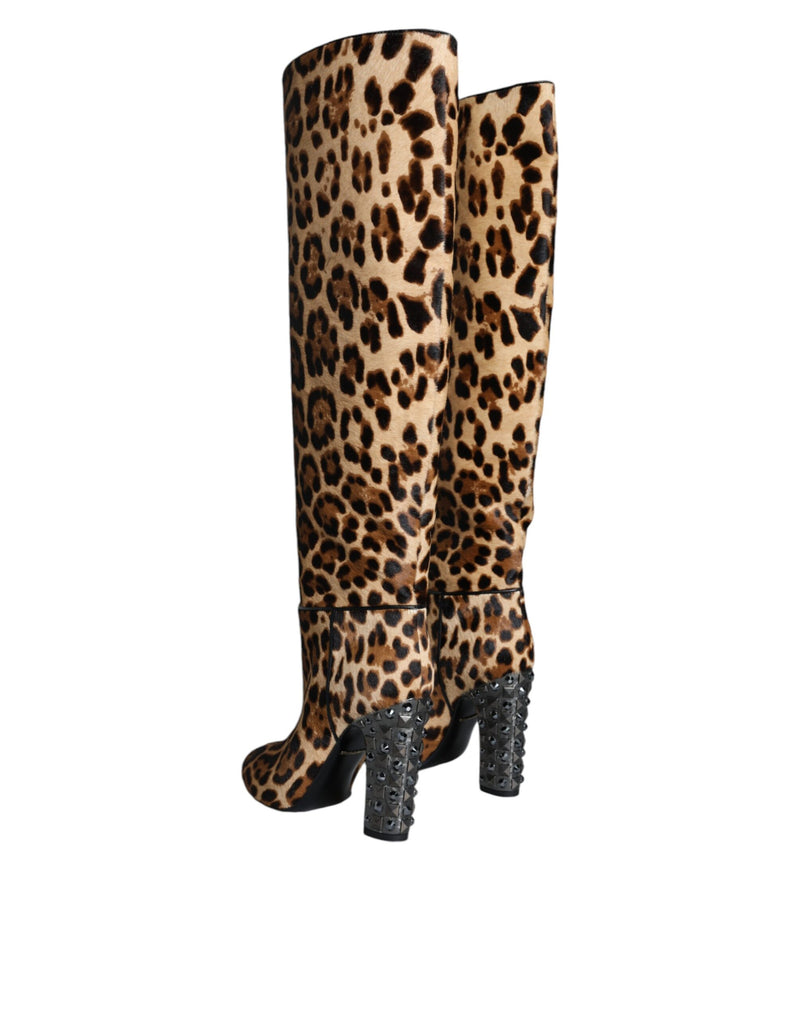 Beige Black Leopard Knee High Boots Shoes Dolce & Gabbana