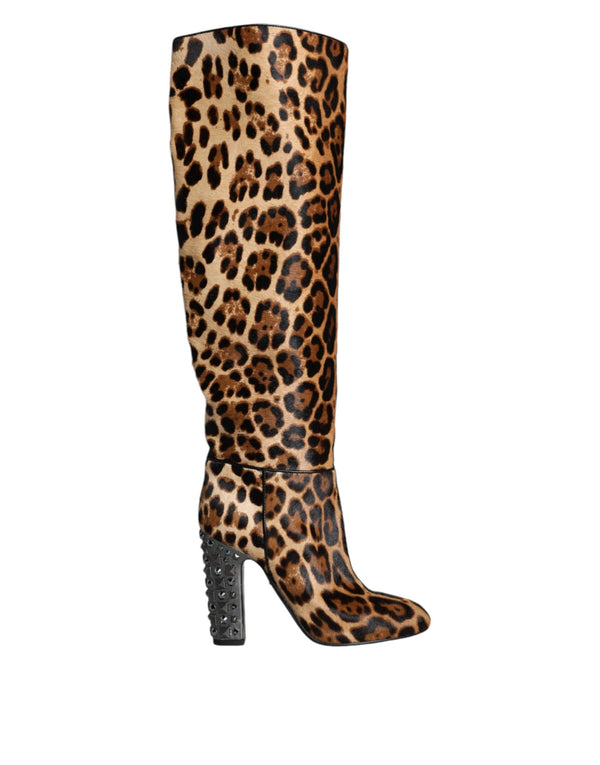 Beige Black Leopard Knee High Boots Shoes Dolce & Gabbana