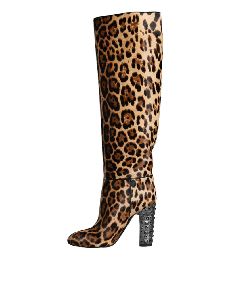 Beige Black Leopard Knee High Boots Shoes Dolce & Gabbana