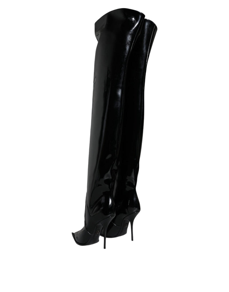 Black Patent Leather Knee High Boots Shoes Dolce & Gabbana